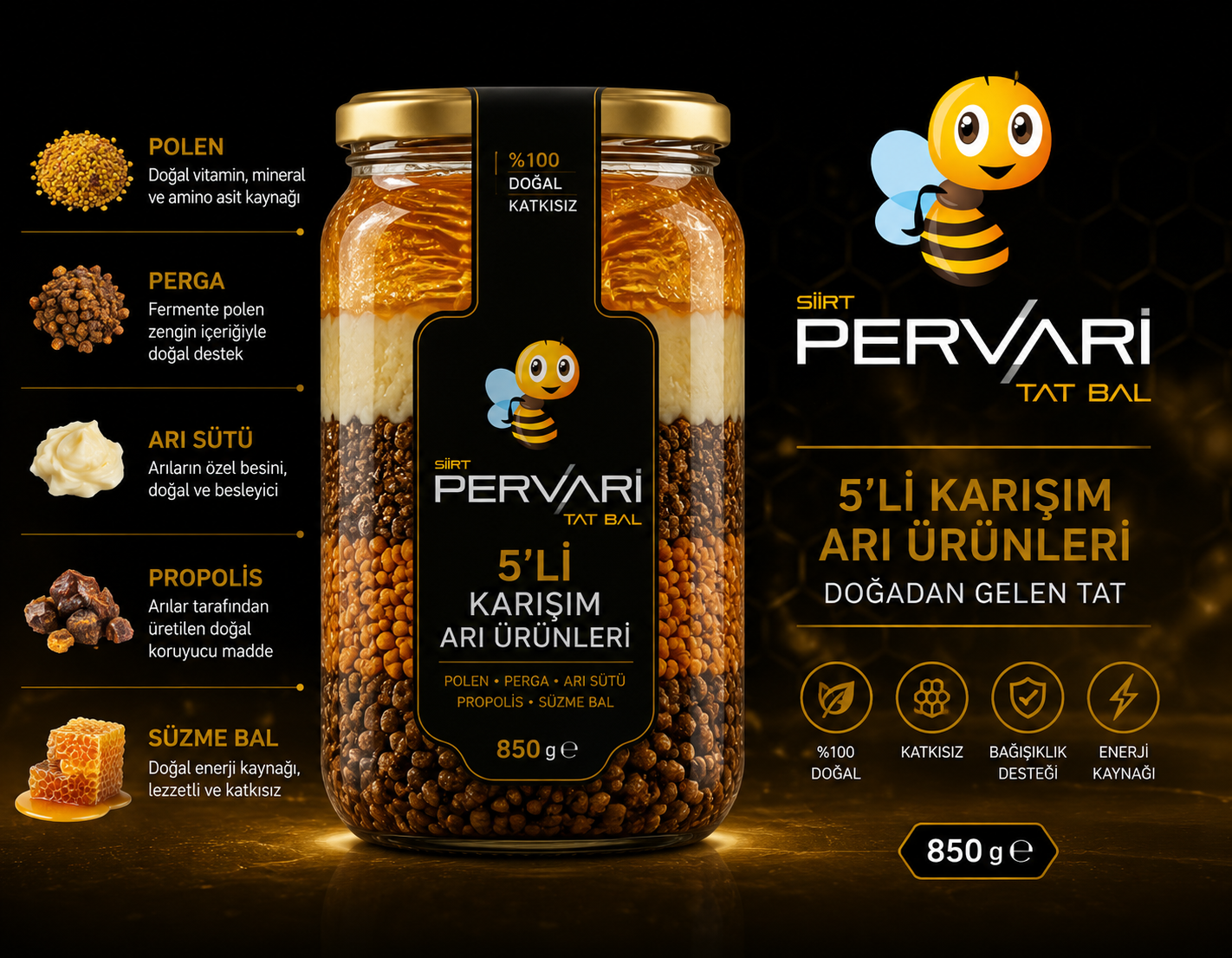 5'li Karışım Arı Ürünleri 850 gr ✅