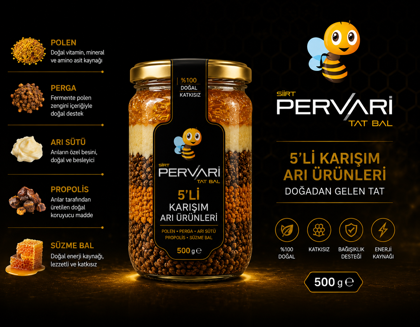 5'li Karışım Arı Ürünleri 500 gr ✅