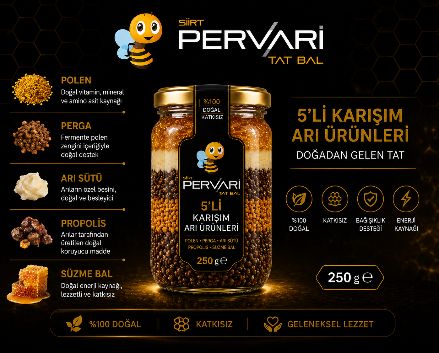 5'li Karışım Arı Ürünleri 250 gr ✅